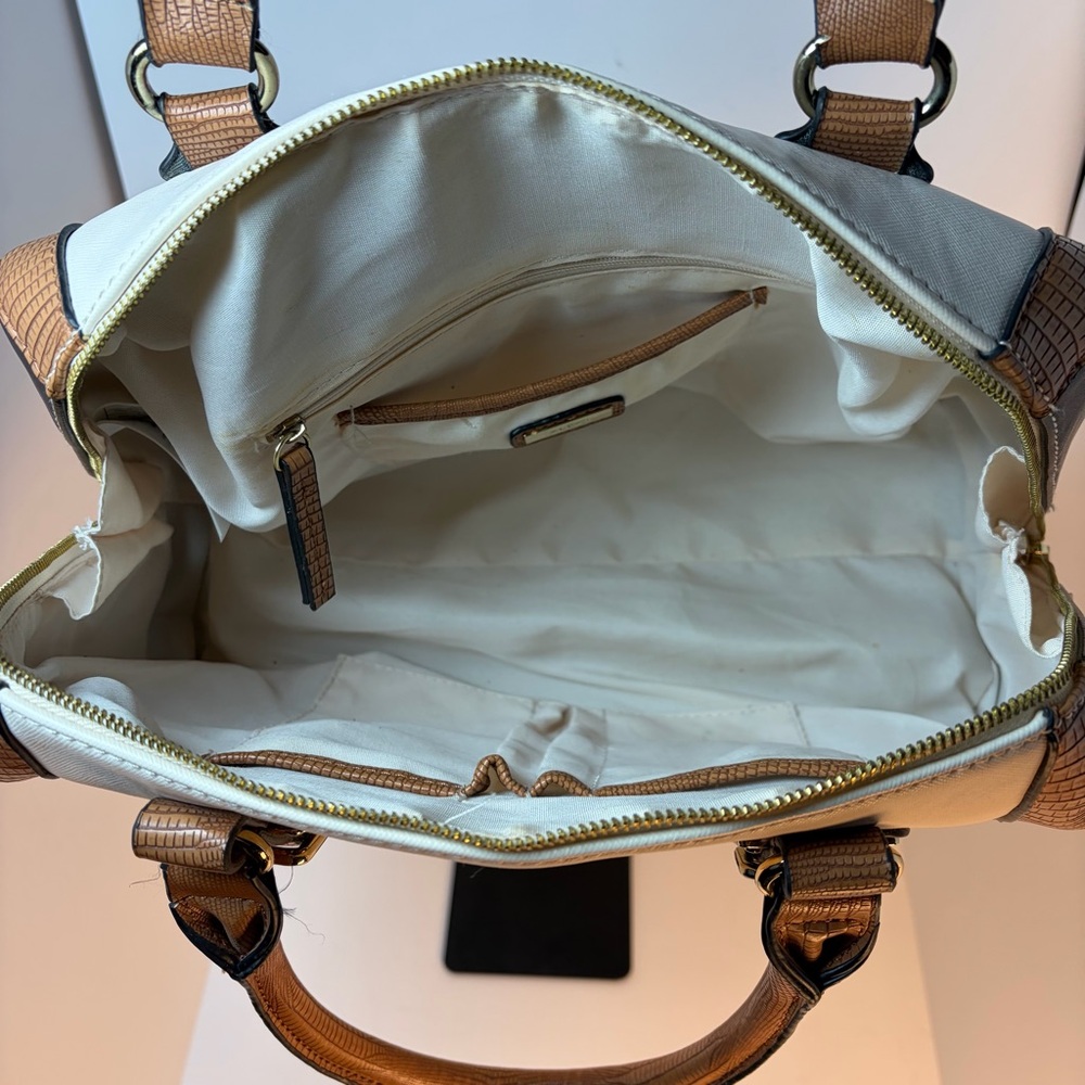 ALDO Cream & Tan Structured Satchel Handbag Faux Leather Work Purse - Picture 3 of 9
